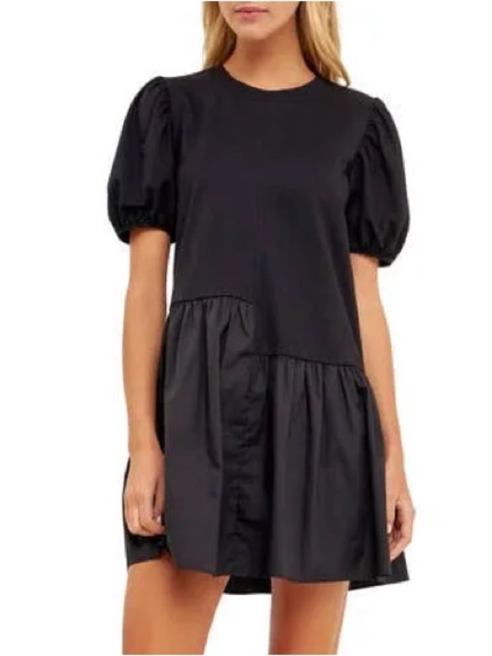 English Factory Puff Shoulder Mixed Media Minidress Black Womens Size Small